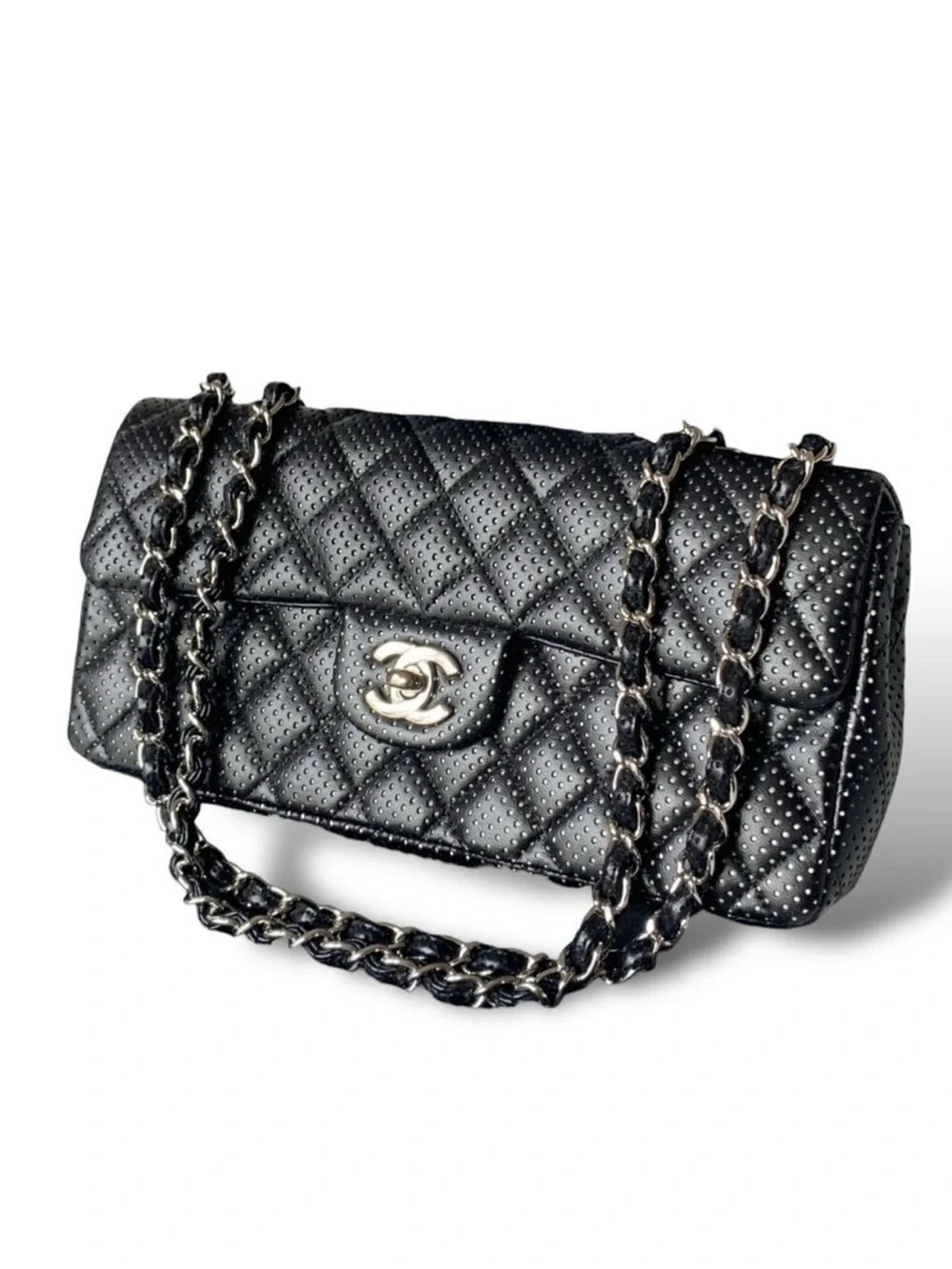 Chanel East West Classic Shoulder Flap Bag Quilted Black Perforated Leather